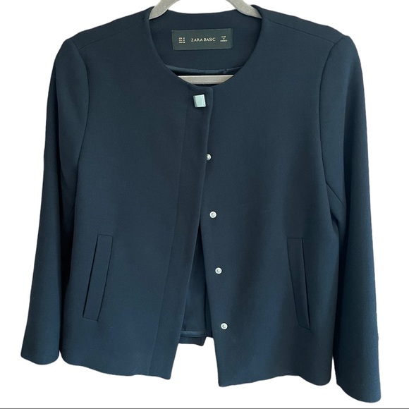 Zara Basic Navy Cropped Button Accent Jacket - Picture 1 of 7
